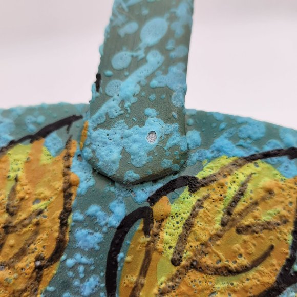 Vintage MCM Italian Pottery Basket Blue Lava Glaze With Yellow Leaf 8" Hand Pain - Picture 7 of 13